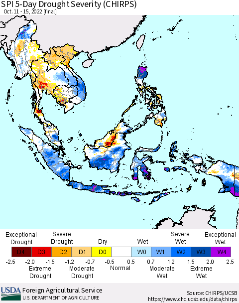 South East Asia SPI 5-Day Drought Severity (CHIRPS) Thematic Map For 10/11/2022 - 10/15/2022