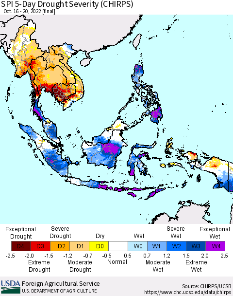 South East Asia SPI 5-Day Drought Severity (CHIRPS) Thematic Map For 10/16/2022 - 10/20/2022