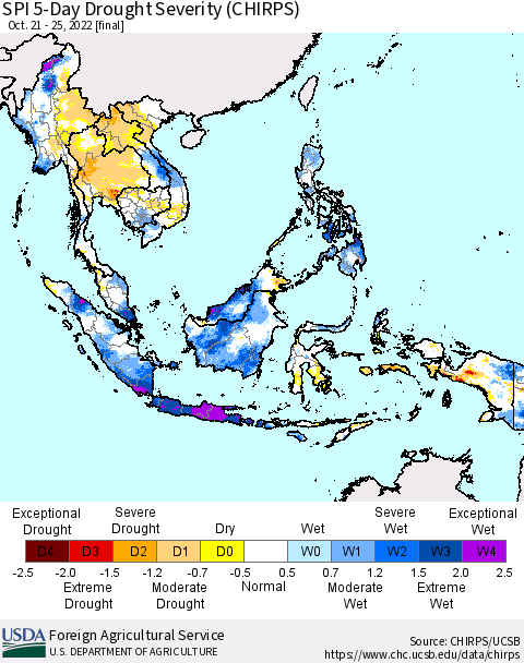 South East Asia SPI 5-Day Drought Severity (CHIRPS) Thematic Map For 10/21/2022 - 10/25/2022