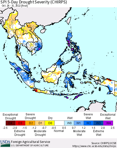 South East Asia SPI 5-Day Drought Severity (CHIRPS) Thematic Map For 10/26/2022 - 10/31/2022