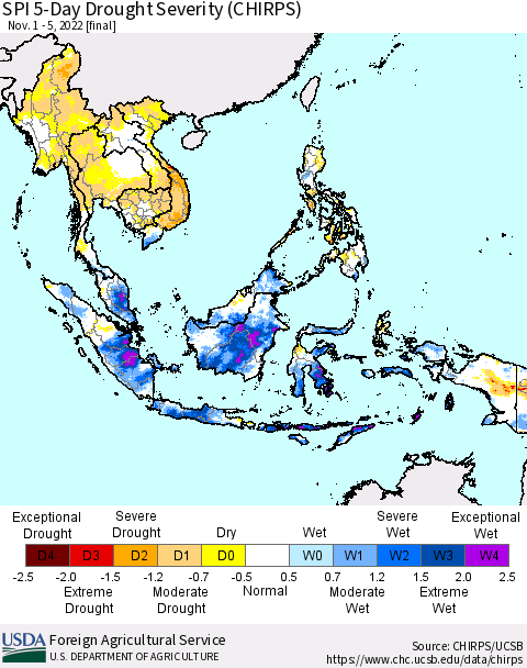South East Asia SPI 5-Day Drought Severity (CHIRPS) Thematic Map For 11/1/2022 - 11/5/2022