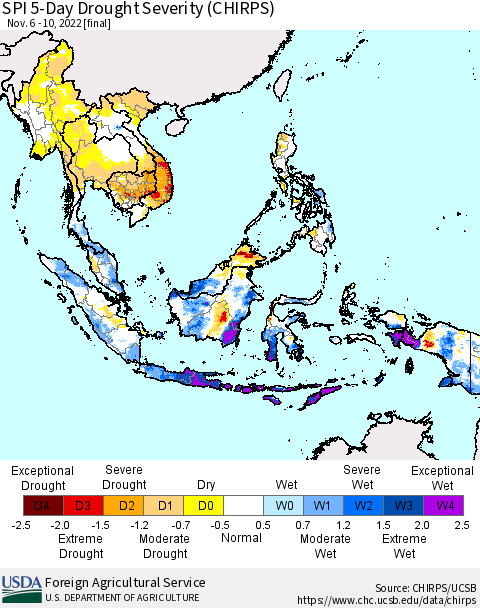 South East Asia SPI 5-Day Drought Severity (CHIRPS) Thematic Map For 11/6/2022 - 11/10/2022