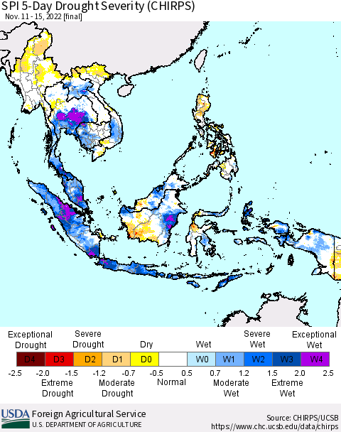 South East Asia SPI 5-Day Drought Severity (CHIRPS) Thematic Map For 11/11/2022 - 11/15/2022