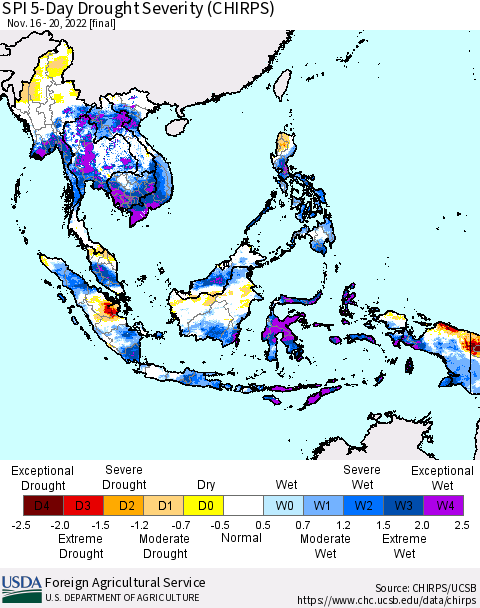 South East Asia SPI 5-Day Drought Severity (CHIRPS) Thematic Map For 11/16/2022 - 11/20/2022