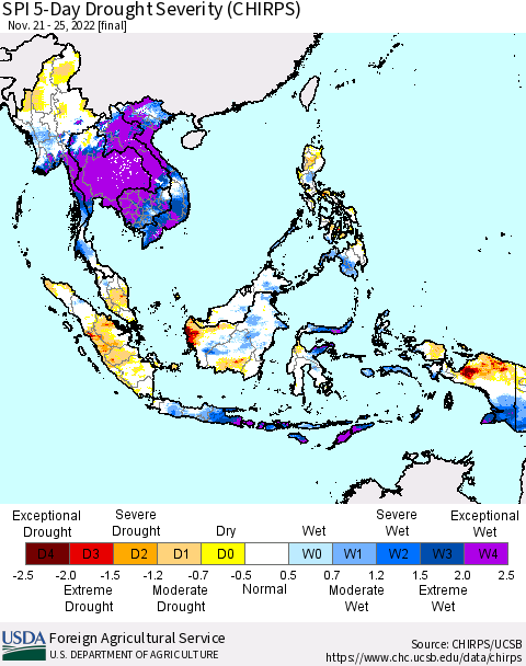 South East Asia SPI 5-Day Drought Severity (CHIRPS) Thematic Map For 11/21/2022 - 11/25/2022