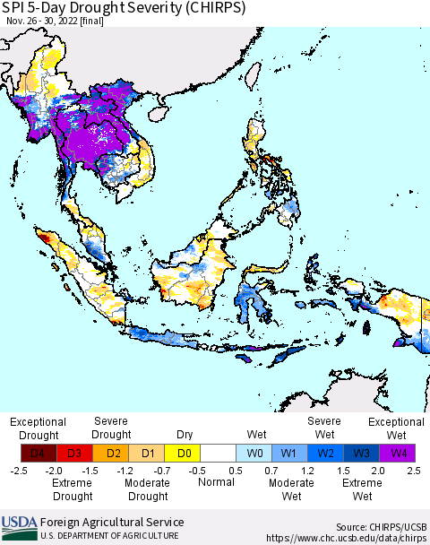 South East Asia SPI 5-Day Drought Severity (CHIRPS) Thematic Map For 11/26/2022 - 11/30/2022