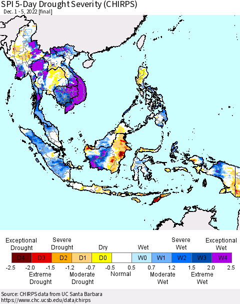 South East Asia SPI 5-Day Drought Severity (CHIRPS) Thematic Map For 12/1/2022 - 12/5/2022