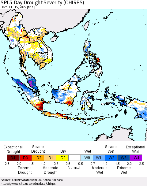 South East Asia SPI 5-Day Drought Severity (CHIRPS) Thematic Map For 12/11/2022 - 12/15/2022