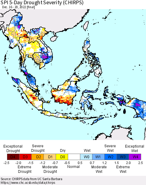 South East Asia SPI 5-Day Drought Severity (CHIRPS) Thematic Map For 12/16/2022 - 12/20/2022