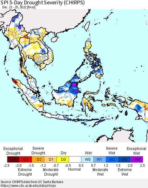 South East Asia SPI 5-Day Drought Severity (CHIRPS) Thematic Map For 12/21/2022 - 12/25/2022