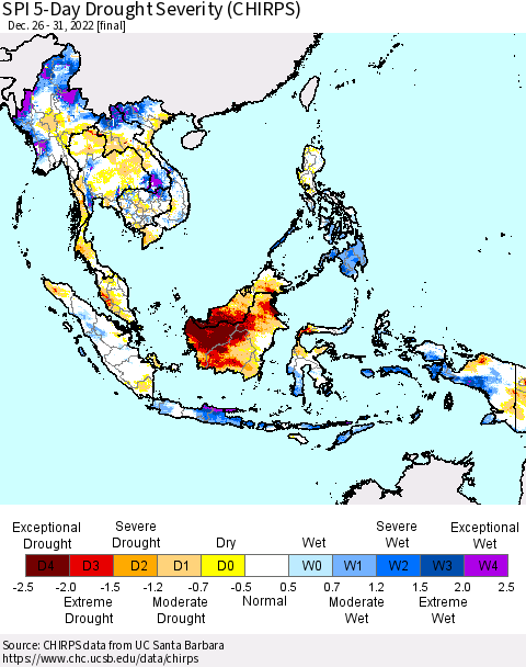 South East Asia SPI 5-Day Drought Severity (CHIRPS) Thematic Map For 12/26/2022 - 12/31/2022