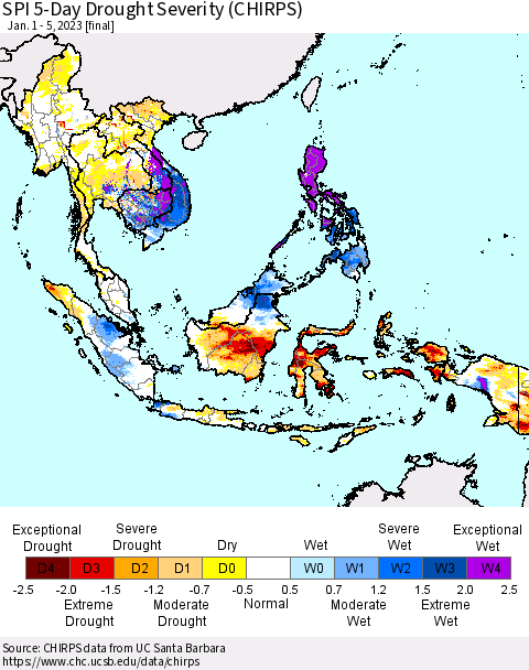 South East Asia SPI 5-Day Drought Severity (CHIRPS) Thematic Map For 1/1/2023 - 1/5/2023