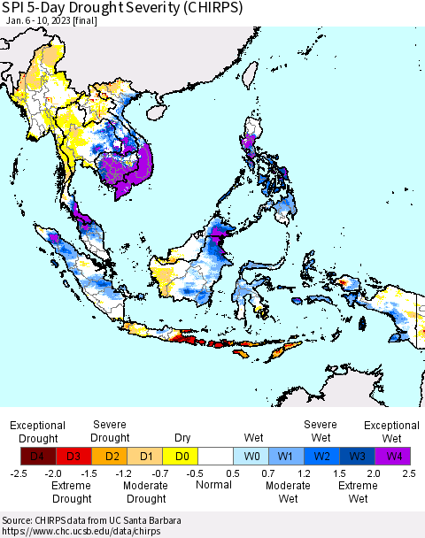 South East Asia SPI 5-Day Drought Severity (CHIRPS) Thematic Map For 1/6/2023 - 1/10/2023