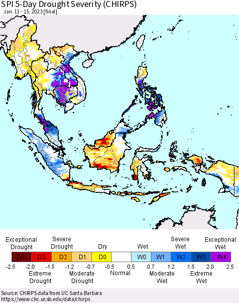 South East Asia SPI 5-Day Drought Severity (CHIRPS) Thematic Map For 1/11/2023 - 1/15/2023