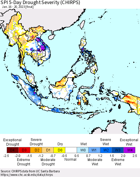 South East Asia SPI 5-Day Drought Severity (CHIRPS) Thematic Map For 1/16/2023 - 1/20/2023