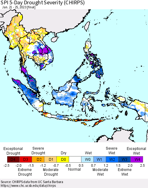 South East Asia SPI 5-Day Drought Severity (CHIRPS) Thematic Map For 1/21/2023 - 1/25/2023