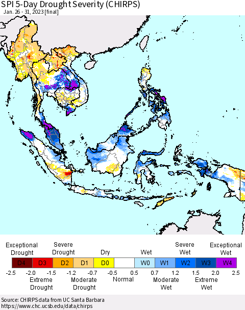 South East Asia SPI 5-Day Drought Severity (CHIRPS) Thematic Map For 1/26/2023 - 1/31/2023