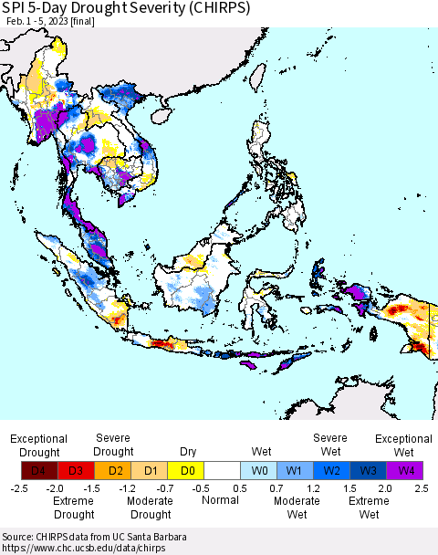 South East Asia SPI 5-Day Drought Severity (CHIRPS) Thematic Map For 2/1/2023 - 2/5/2023