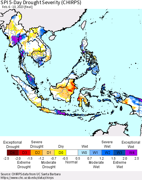 South East Asia SPI 5-Day Drought Severity (CHIRPS) Thematic Map For 2/6/2023 - 2/10/2023