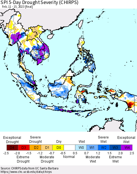 South East Asia SPI 5-Day Drought Severity (CHIRPS) Thematic Map For 2/11/2023 - 2/15/2023