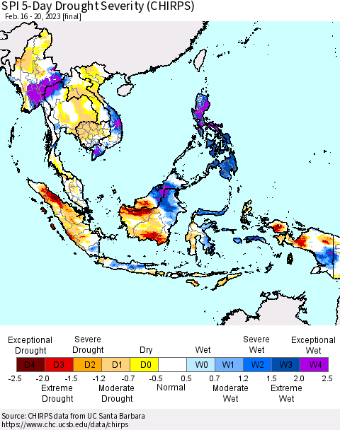 South East Asia SPI 5-Day Drought Severity (CHIRPS) Thematic Map For 2/16/2023 - 2/20/2023