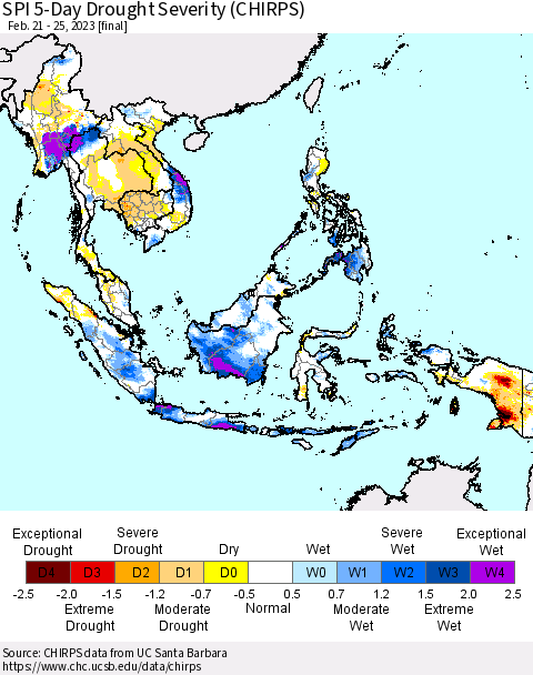 South East Asia SPI 5-Day Drought Severity (CHIRPS) Thematic Map For 2/21/2023 - 2/25/2023