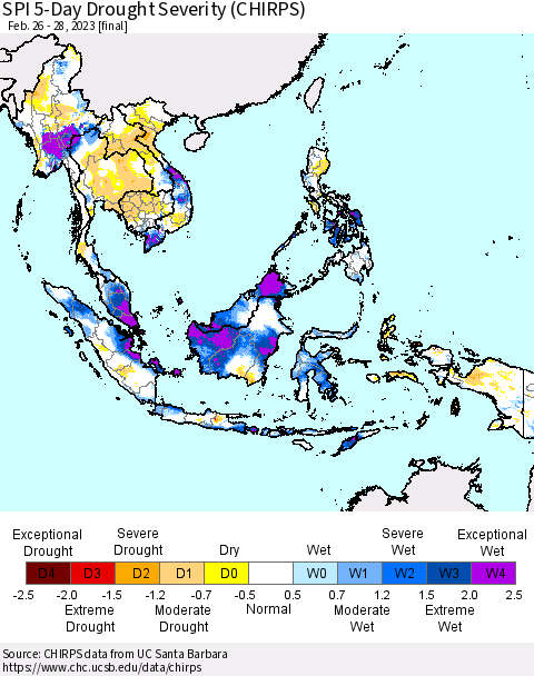South East Asia SPI 5-Day Drought Severity (CHIRPS) Thematic Map For 2/26/2023 - 2/28/2023