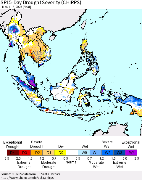 South East Asia SPI 5-Day Drought Severity (CHIRPS) Thematic Map For 3/1/2023 - 3/5/2023