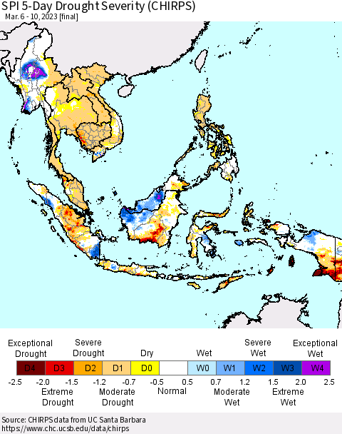 South East Asia SPI 5-Day Drought Severity (CHIRPS) Thematic Map For 3/6/2023 - 3/10/2023