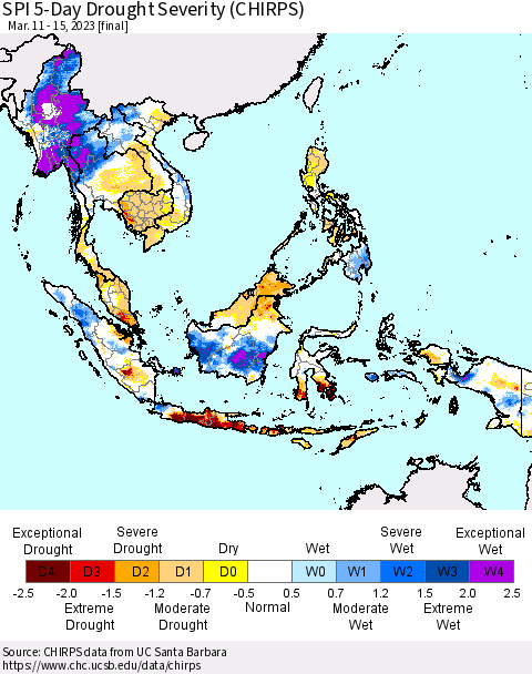 South East Asia SPI 5-Day Drought Severity (CHIRPS) Thematic Map For 3/11/2023 - 3/15/2023