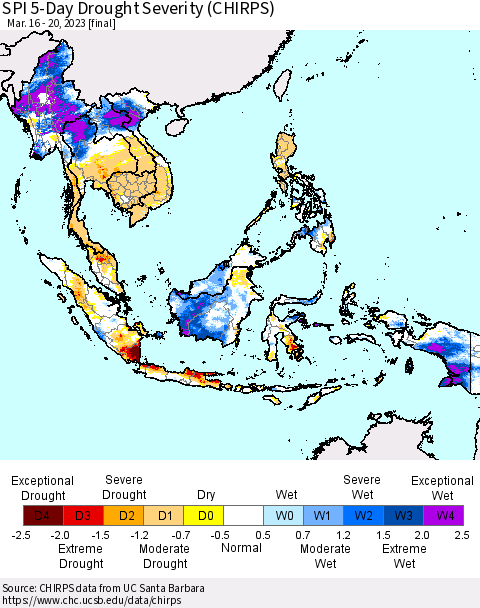 South East Asia SPI 5-Day Drought Severity (CHIRPS) Thematic Map For 3/16/2023 - 3/20/2023