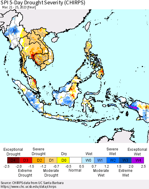 South East Asia SPI 5-Day Drought Severity (CHIRPS) Thematic Map For 3/21/2023 - 3/25/2023