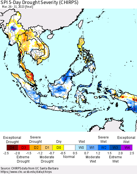 South East Asia SPI 5-Day Drought Severity (CHIRPS) Thematic Map For 3/26/2023 - 3/31/2023
