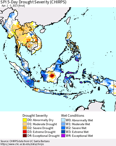 South East Asia SPI 5-Day Drought Severity (CHIRPS) Thematic Map For 4/1/2023 - 4/5/2023