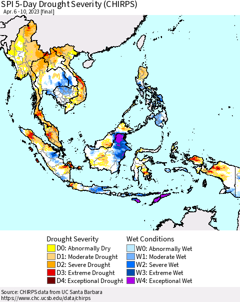 South East Asia SPI 5-Day Drought Severity (CHIRPS) Thematic Map For 4/6/2023 - 4/10/2023