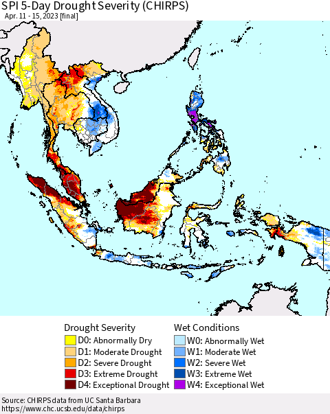 South East Asia SPI 5-Day Drought Severity (CHIRPS) Thematic Map For 4/11/2023 - 4/15/2023