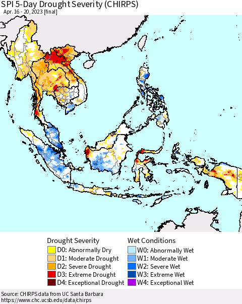 South East Asia SPI 5-Day Drought Severity (CHIRPS) Thematic Map For 4/16/2023 - 4/20/2023