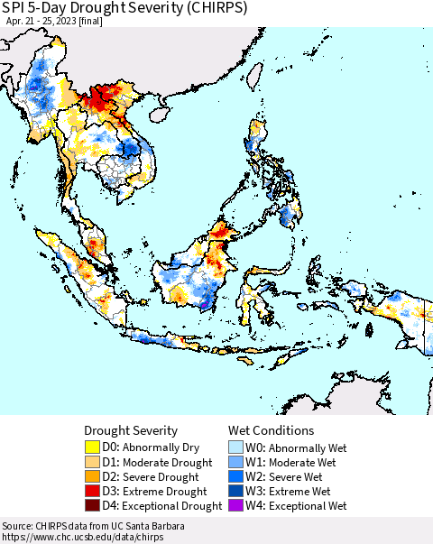 South East Asia SPI 5-Day Drought Severity (CHIRPS) Thematic Map For 4/21/2023 - 4/25/2023