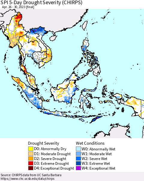 South East Asia SPI 5-Day Drought Severity (CHIRPS) Thematic Map For 4/26/2023 - 4/30/2023