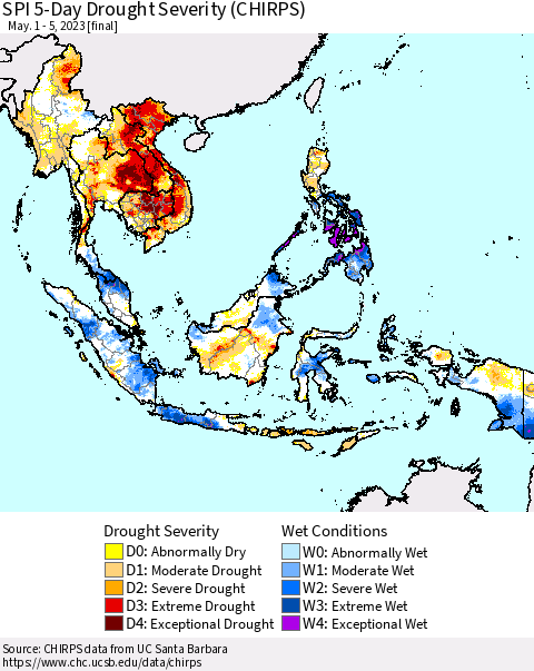 South East Asia SPI 5-Day Drought Severity (CHIRPS) Thematic Map For 5/1/2023 - 5/5/2023