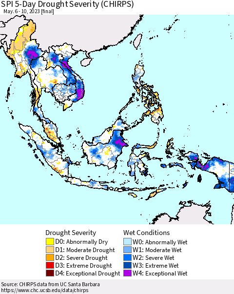 South East Asia SPI 5-Day Drought Severity (CHIRPS) Thematic Map For 5/6/2023 - 5/10/2023