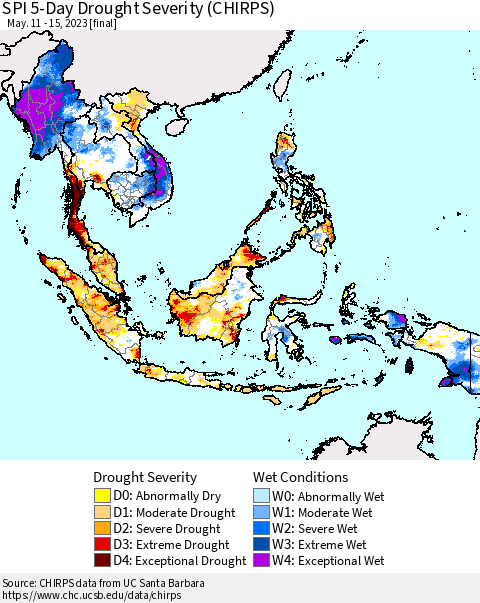 South East Asia SPI 5-Day Drought Severity (CHIRPS) Thematic Map For 5/11/2023 - 5/15/2023