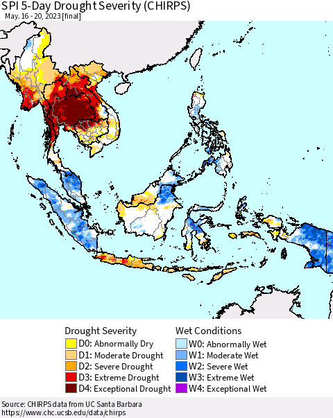 South East Asia SPI 5-Day Drought Severity (CHIRPS) Thematic Map For 5/16/2023 - 5/20/2023