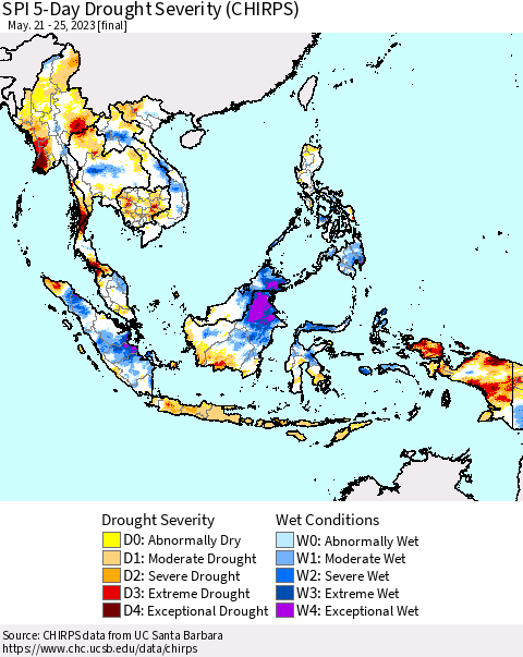 South East Asia SPI 5-Day Drought Severity (CHIRPS) Thematic Map For 5/21/2023 - 5/25/2023