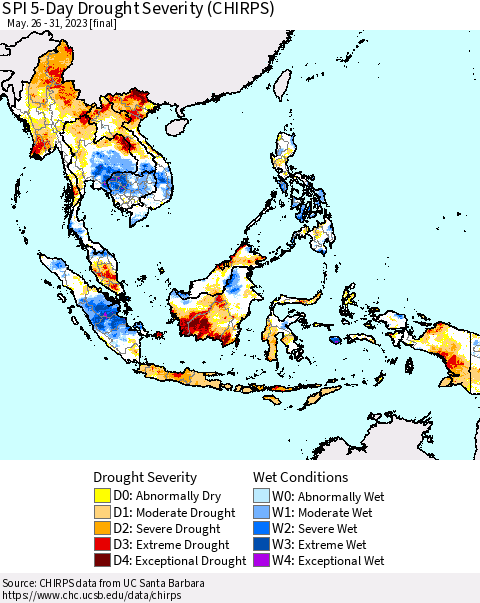 South East Asia SPI 5-Day Drought Severity (CHIRPS) Thematic Map For 5/26/2023 - 5/31/2023