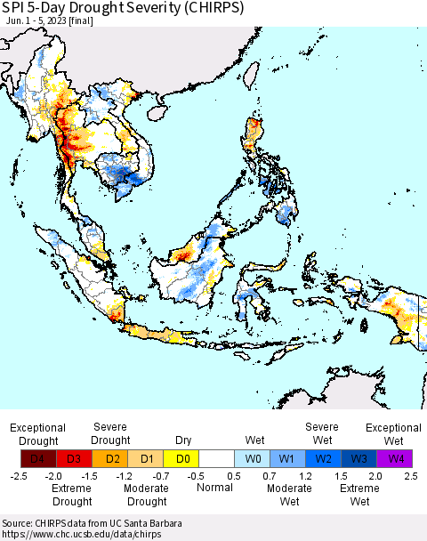 South East Asia SPI 5-Day Drought Severity (CHIRPS) Thematic Map For 6/1/2023 - 6/5/2023