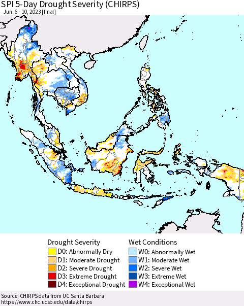 South East Asia SPI 5-Day Drought Severity (CHIRPS) Thematic Map For 6/6/2023 - 6/10/2023