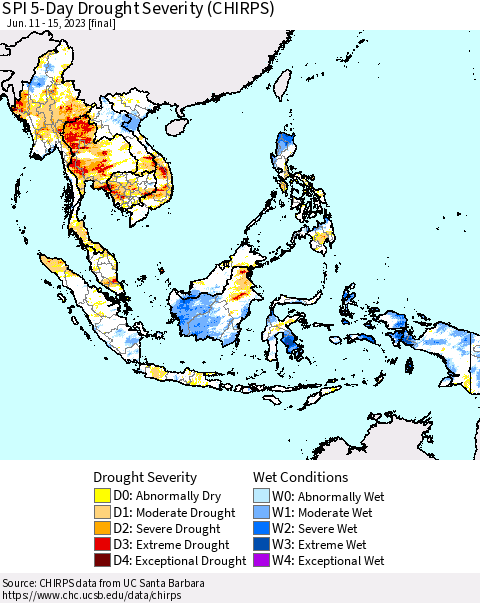 South East Asia SPI 5-Day Drought Severity (CHIRPS) Thematic Map For 6/11/2023 - 6/15/2023