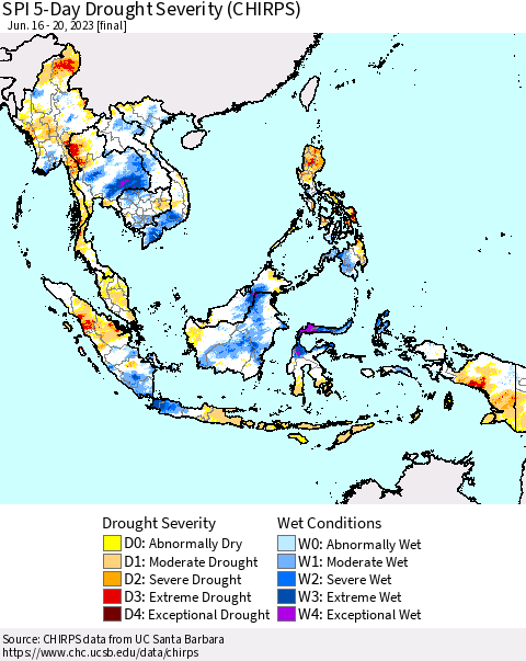 South East Asia SPI 5-Day Drought Severity (CHIRPS) Thematic Map For 6/16/2023 - 6/20/2023