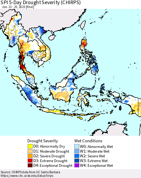 South East Asia SPI 5-Day Drought Severity (CHIRPS) Thematic Map For 6/21/2023 - 6/25/2023